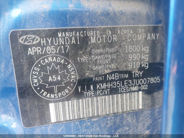 KMHH35LE3JU007805 Hyundai Elantra Gt Gls