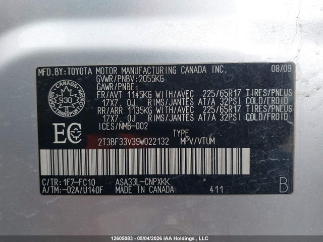 2009 Toyota Rav4 მანქანა იყიდება აუქციონზე, vin: 2T3BF33V39W022132, აუქციონის ნომერი: 12605083