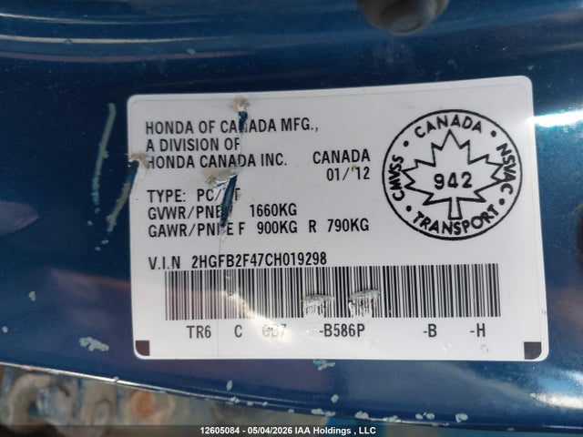 12605084 :رقم المزاد ، 2HGFB2F47CH019298 vin ، 2012 Honda Civic مزاد بيع