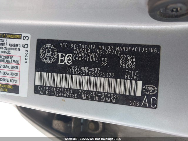 Auction sale of the 2008 Toyota Corolla Ce, vin: 2T1BR32EX8C872177, lot number: 12605086