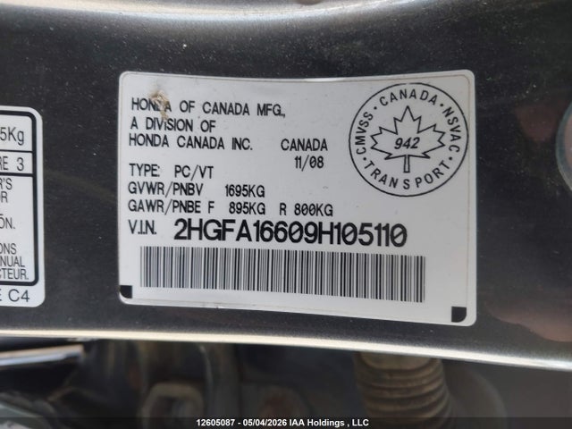 Продаж на аукціоні авто 2009 Honda Civic Sport, vin: 2HGFA16609H105110, номер лоту: 12605087