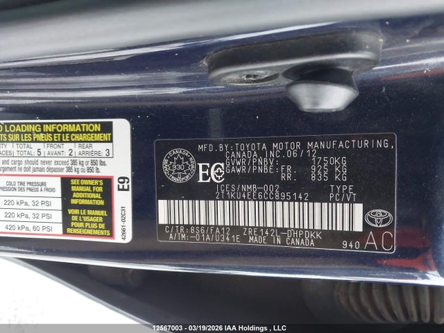 2012 Toyota Matrix მანქანა იყიდება აუქციონზე, vin: 2T1KU4EE6CC895142, აუქციონის ნომერი: 12567003