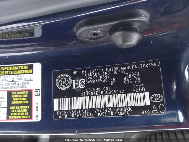 2012 Toyota Matrix მანქანა იყიდება აუქციონზე, vin: 2T1KU4EE6CC895142, აუქციონის ნომერი: 12567003