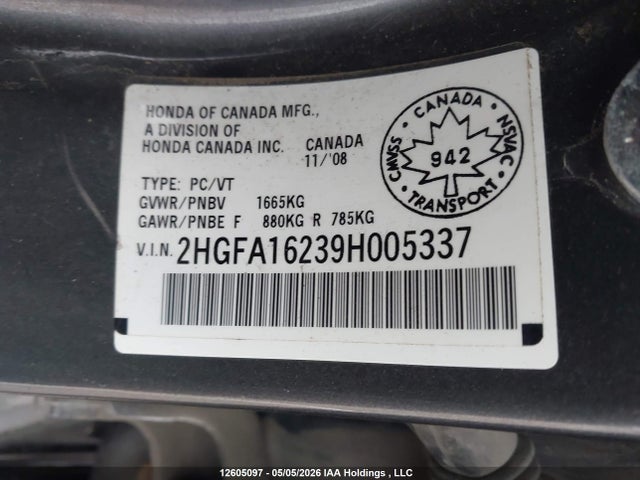 Продажа на аукционе авто 2009 Honda Civic Dx/dx-a, vin: 2HGFA16239H005337, номер лота: 12605097