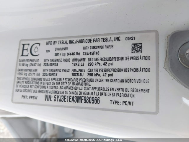 Продажа на аукционе авто 2021 Tesla Model 3 Standard Range/standard Range Plus, vin: 5YJ3E1EA3MF980966, номер лота: 12605102