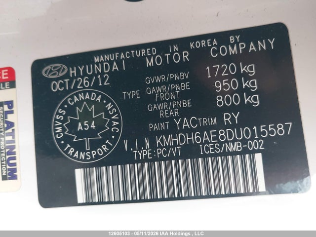 12605103 :رقم المزاد ، KMHDH6AE8DU015587 vin ، 2013 Hyundai Elantra Se مزاد بيع