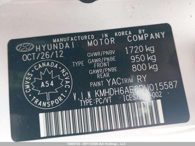12605103 :رقم المزاد ، KMHDH6AE8DU015587 vin ، 2013 Hyundai Elantra Se مزاد بيع