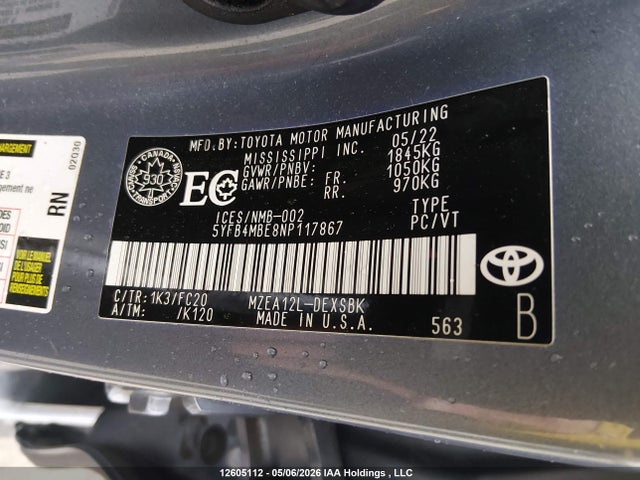 Aukcja sprzedaży 2022 Toyota Corolla Se, vin: 5YFB4MBE8NP117867, numer aukcji: 12605112