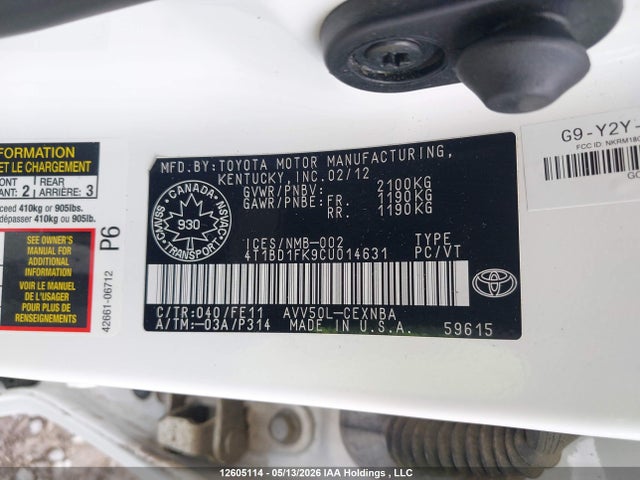 12605114 :رقم المزاد ، 4T1BD1FK9CU014631 vin ، 2012 Toyota Camry Hybrid Le مزاد بيع