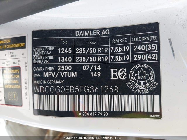 WDCGG0EB5FG361268 Mercedes-Benz Glk 250 Bluetec