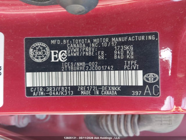 12605131 :رقم المزاد ، 2T1BURHE2JC001742 vin ، 2018 Toyota Corolla L/le/xle/se/xse مزاد بيع