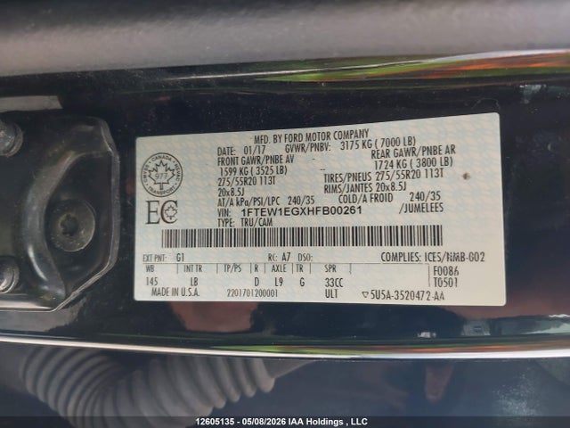 Продажа на аукционе авто 2017 Ford F-150 Lariat, vin: 1FTEW1EGXHFB00261, номер лота: 12605135