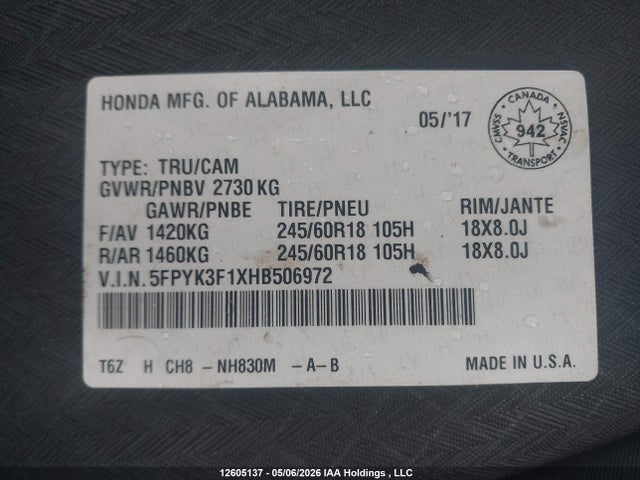 Продажа на аукционе авто 2017 Honda Ridgeline Sport, vin: 5FPYK3F1XHB506972, номер лота: 12605137