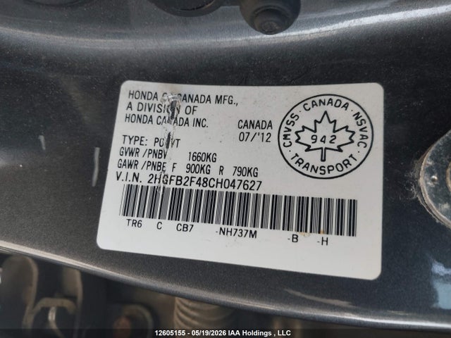 12605155 :رقم المزاد ، 2HGFB2F48CH047627 vin ، 2012 Honda Civic مزاد بيع