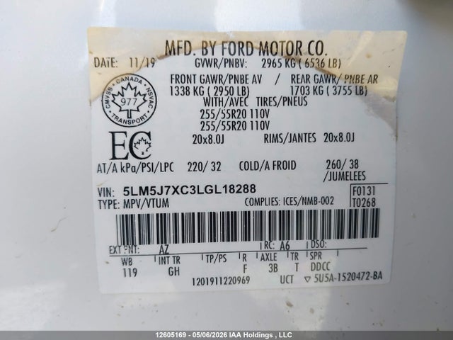 12605169 :رقم المزاد ، 5LM5J7XC3LGL18288 vin ، 2020 Lincoln Aviator Reserve مزاد بيع