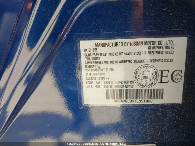 12605172 :رقم المزاد ، 3N8AP6CBXTL331888 vin ، 2026 Nissan Kicks Sv Awd Cvt مزاد بيع
