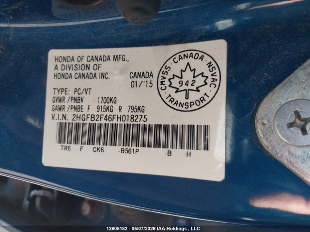 Honda Civic Lx 2015 2HGFB2F46FH018275 Image 9