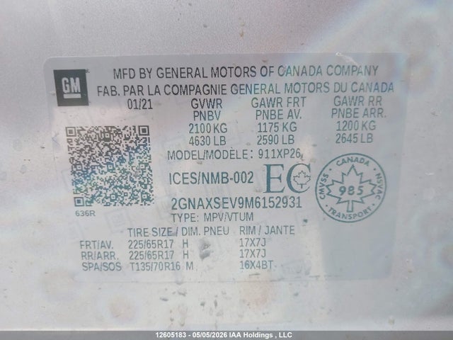 Продажа на аукционе авто 2021 Chevrolet Equinox Ls, vin: 2GNAXSEV9M6152931, номер лота: 12605183