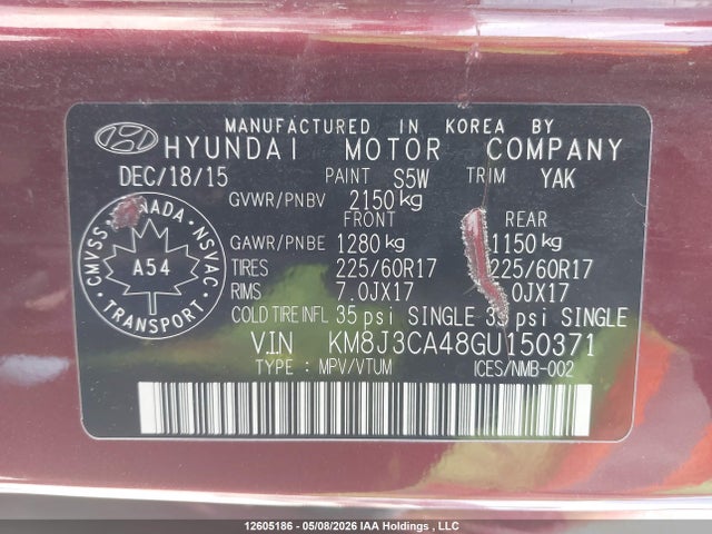 Aukcja sprzedaży 2016 Hyundai Tucson Luxury, vin: KM8J3CA48GU150371, numer aukcji: 12605186