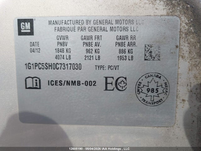 Продаж на аукціоні авто 2012 Chevrolet Cruze Ls, vin: 1G1PC5SH0C7317030, номер лоту: 12605190