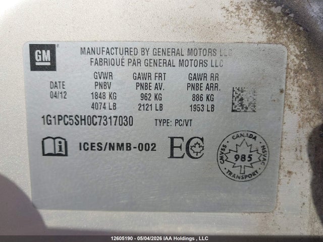 Продаж на аукціоні авто 2012 Chevrolet Cruze Ls, vin: 1G1PC5SH0C7317030, номер лоту: 12605190