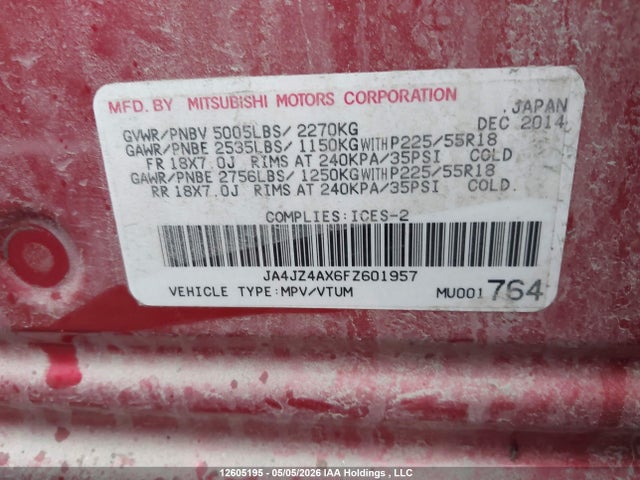 JA4JZ4AX6FZ601957 Mitsubishi OUTLANDER GT