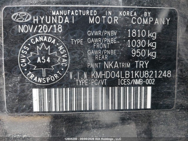 2019 Hyundai Elantra მანქანა იყიდება აუქციონზე, vin: KMHD04LB1KU821248, აუქციონის ნომერი: 12605200