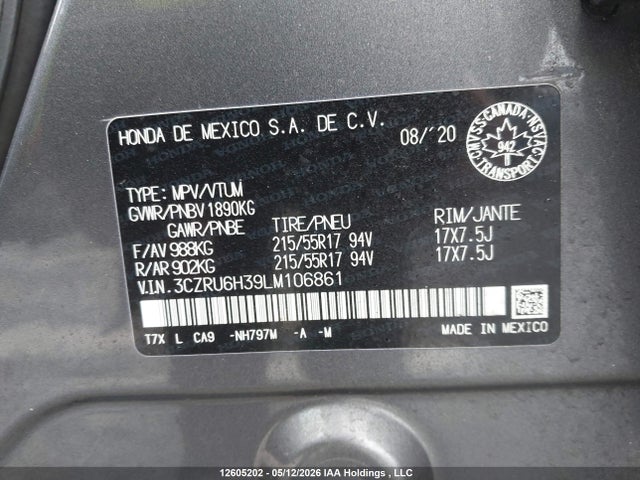 3CZRU6H39LM106861 Honda HR-V LX