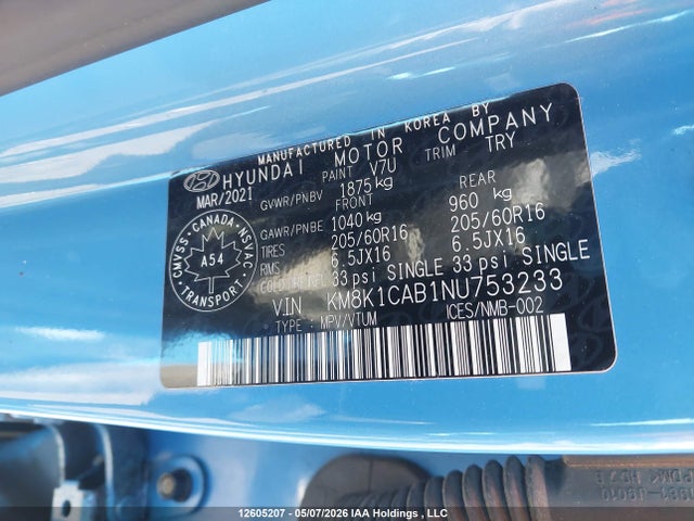 2022 Hyundai Kona Se მანქანა იყიდება აუქციონზე, vin: KM8K1CAB1NU753233, აუქციონის ნომერი: 12605207