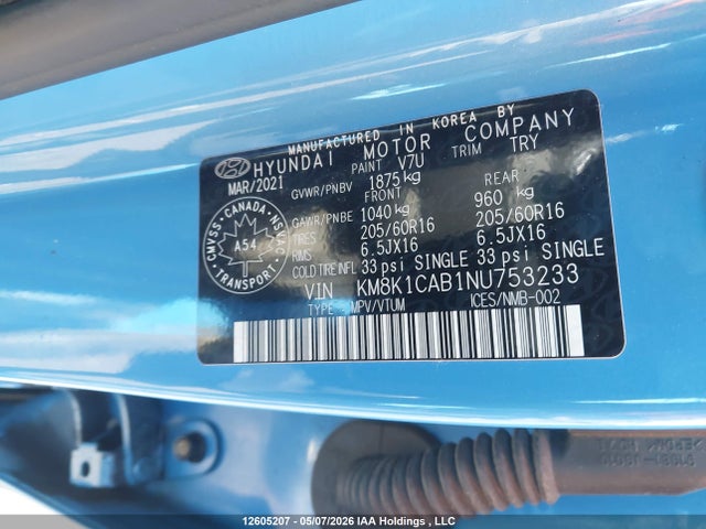 2022 Hyundai Kona Se მანქანა იყიდება აუქციონზე, vin: KM8K1CAB1NU753233, აუქციონის ნომერი: 12605207