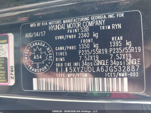 5XYZUDLA6JG532887 Hyundai Santa Fe
