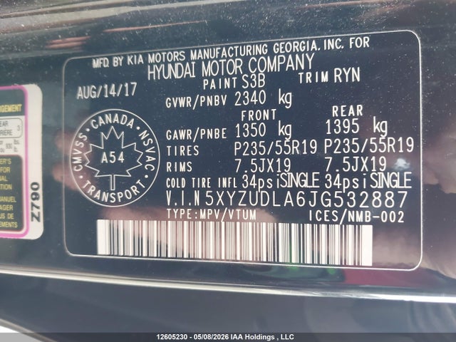 5XYZUDLA6JG532887 Hyundai Santa Fe