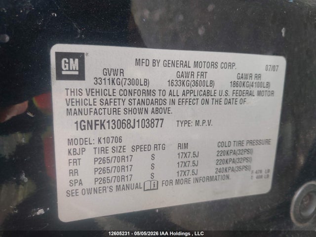 2008 Chevrolet Tahoe Lt მანქანა იყიდება აუქციონზე, vin: 1GNFK13068J103877, აუქციონის ნომერი: 12605231