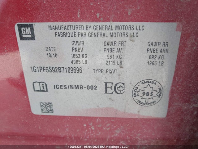 Продажа на аукционе авто 2011 Chevrolet Cruze Lt Turbo, vin: 1G1PF5S92B7109696, номер лота: 12605234