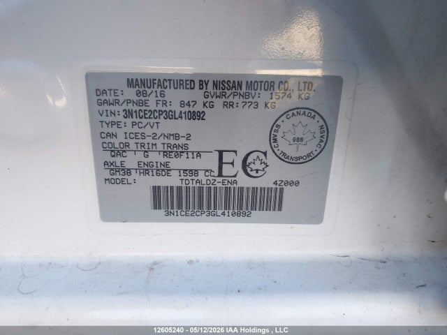 12605240 :رقم المزاد ، 3N1CE2CP3GL410892 vin ، 2016 Nissan Versa Note S/s Plus/sv/sl/sr مزاد بيع