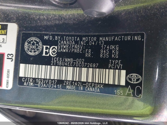 12605242 :رقم المزاد ، 2T1BU4EE7DC072687 vin ، 2013 Toyota Corolla مزاد بيع