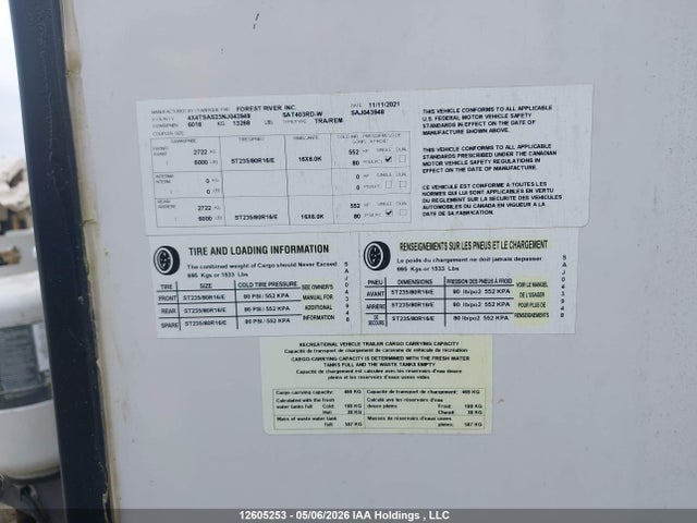12605253 :رقم المزاد ، 4X4TSAS23NJ043948 vin ، 2022 Forest River  مزاد بيع