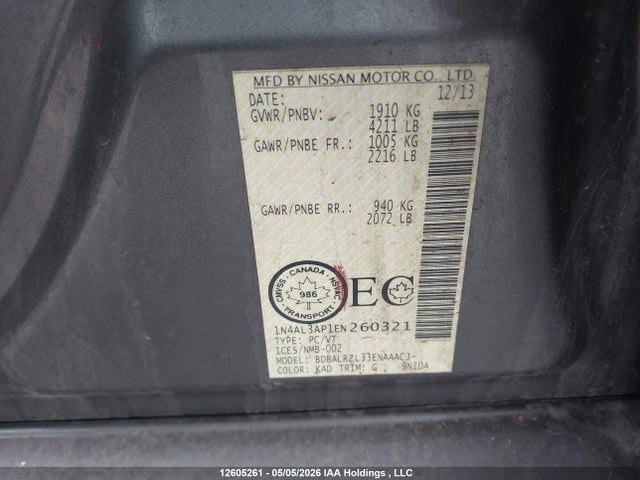 Aukcja sprzedaży 2014 Nissan Altima 2.5/s/sv/sl, vin: 1N4AL3AP1EN260321, numer aukcji: 12605261