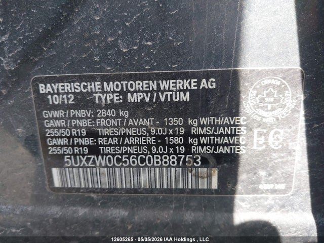 12605265 :رقم المزاد ، 5UXZW0C56C0B88753 vin ، 2012 Bmw X5 Xdrive35d مزاد بيع