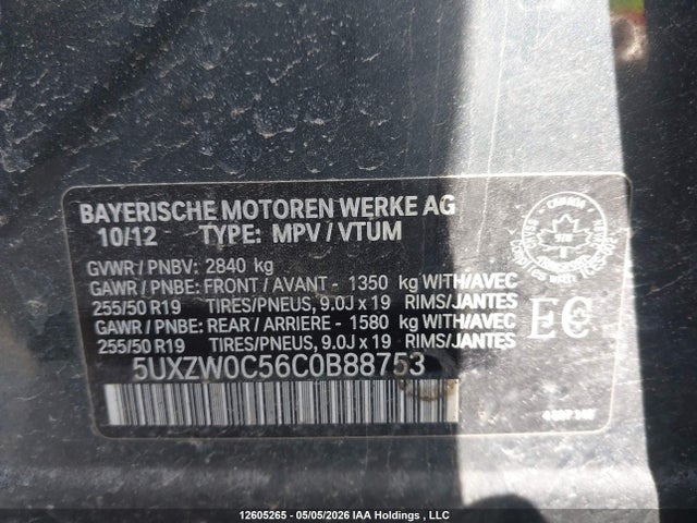 12605265 :رقم المزاد ، 5UXZW0C56C0B88753 vin ، 2012 Bmw X5 Xdrive35d مزاد بيع