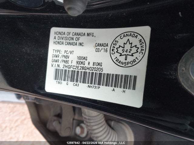 12597842 :رقم المزاد ، 2HGFC2E28GH020205 vin ، 2016 Honda Civic Dx مزاد بيع
