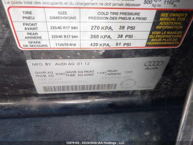 2012 Audi A3 2.0t Progressiv მანქანა იყიდება აუქციონზე, vin: WAUNECFM2CA113575, აუქციონის ნომერი: 12570163