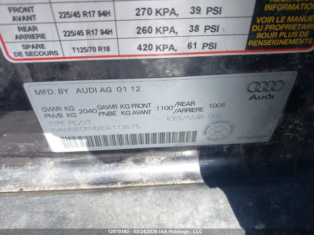 2012 Audi A3 2.0t Progressiv მანქანა იყიდება აუქციონზე, vin: WAUNECFM2CA113575, აუქციონის ნომერი: 12570163