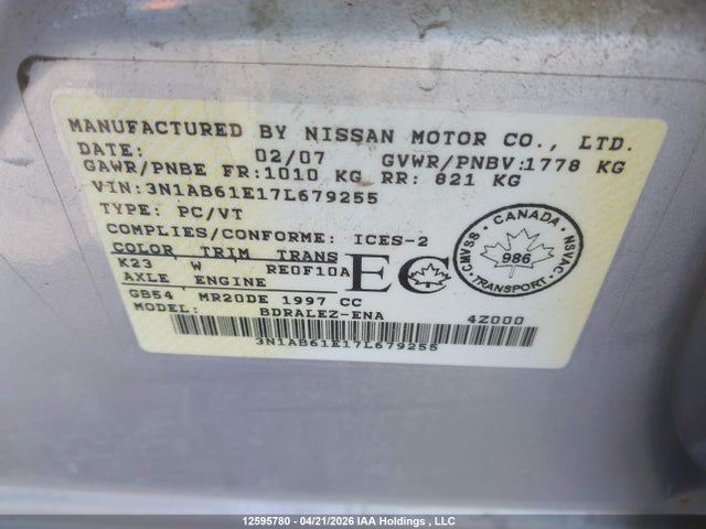 Продажа на аукционе авто 2007 Nissan Sentra 2.0s, vin: 3N1AB61E17L679255, номер лота: 12595780