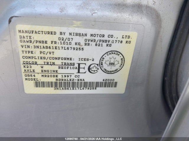 Продажа на аукционе авто 2007 Nissan Sentra 2.0s, vin: 3N1AB61E17L679255, номер лота: 12595780