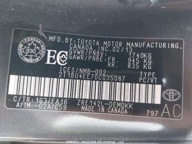 2013 Toyota Corolla Ce მანქანა იყიდება აუქციონზე, vin: 2T1BU4EE7DC035087, აუქციონის ნომერი: 12597513