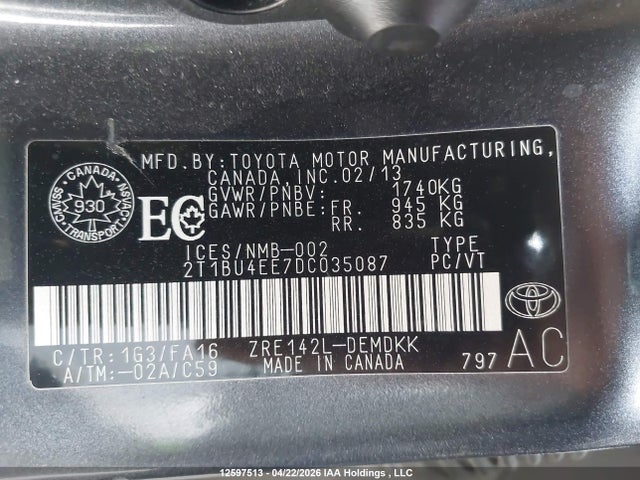 2013 Toyota Corolla Ce მანქანა იყიდება აუქციონზე, vin: 2T1BU4EE7DC035087, აუქციონის ნომერი: 12597513