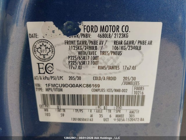 12602961 :رقم المزاد ، 1FMCU9DG0AKC86169 vin ، 2010 Ford Escape Xlt Automatic مزاد بيع