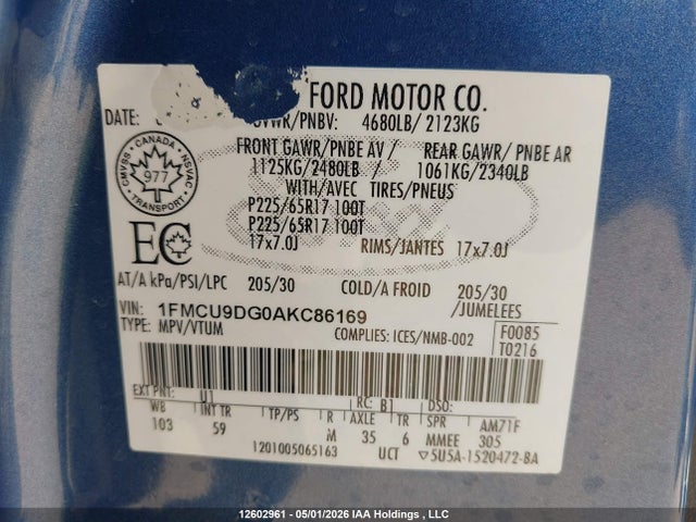 12602961 :رقم المزاد ، 1FMCU9DG0AKC86169 vin ، 2010 Ford Escape Xlt Automatic مزاد بيع