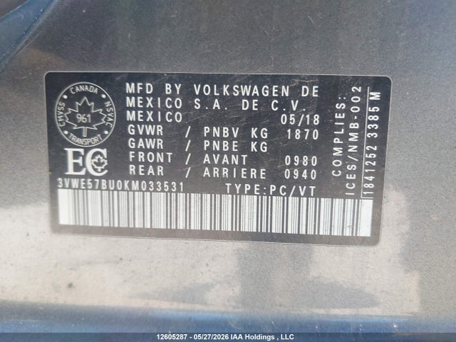 2019 Volkswagen Jetta Sel მანქანა იყიდება აუქციონზე, vin: 3VWE57BU0KM033531, აუქციონის ნომერი: 12605287